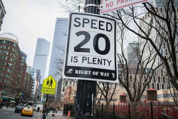 Activists create their own Tribeca 'Slow Zone' with makeshift signs 1 Fake speed limit sign March 17,2014. Downt0wn Express photo by Milo Hess.