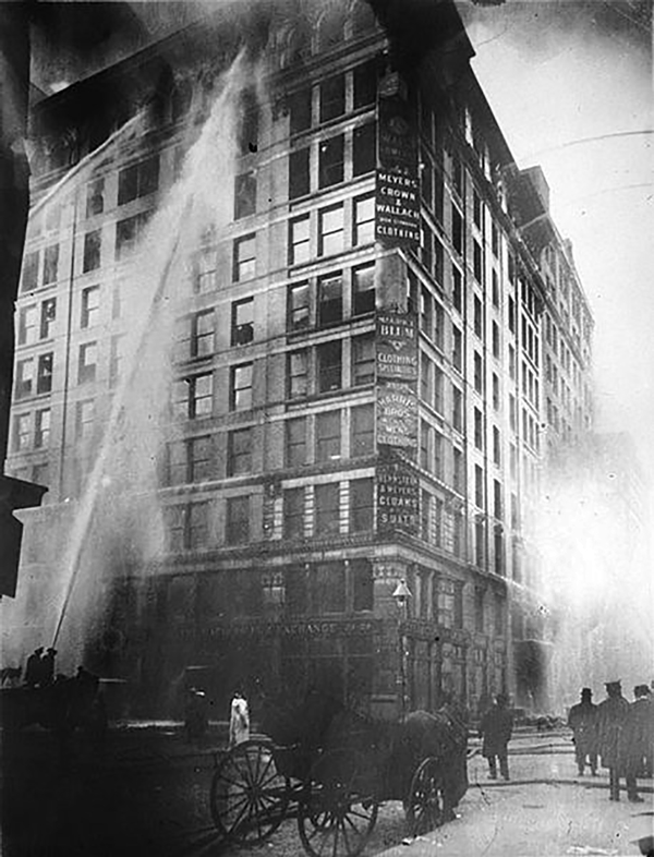 Firefighters battling the Triangle Shirtwaist fire in Greenwich Village at 4:40 p.m. on March 25, 1911. The photo was first published on the front page of The New York World. 