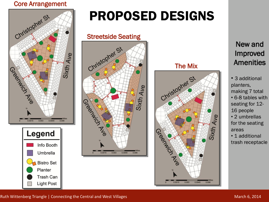 Wittenberg seating this summer; Astor Place plazas in two years 2 Some ideas for how new seating and tables, a kiosk and planters could be arranged on Ruth Wittenberg Triangle.