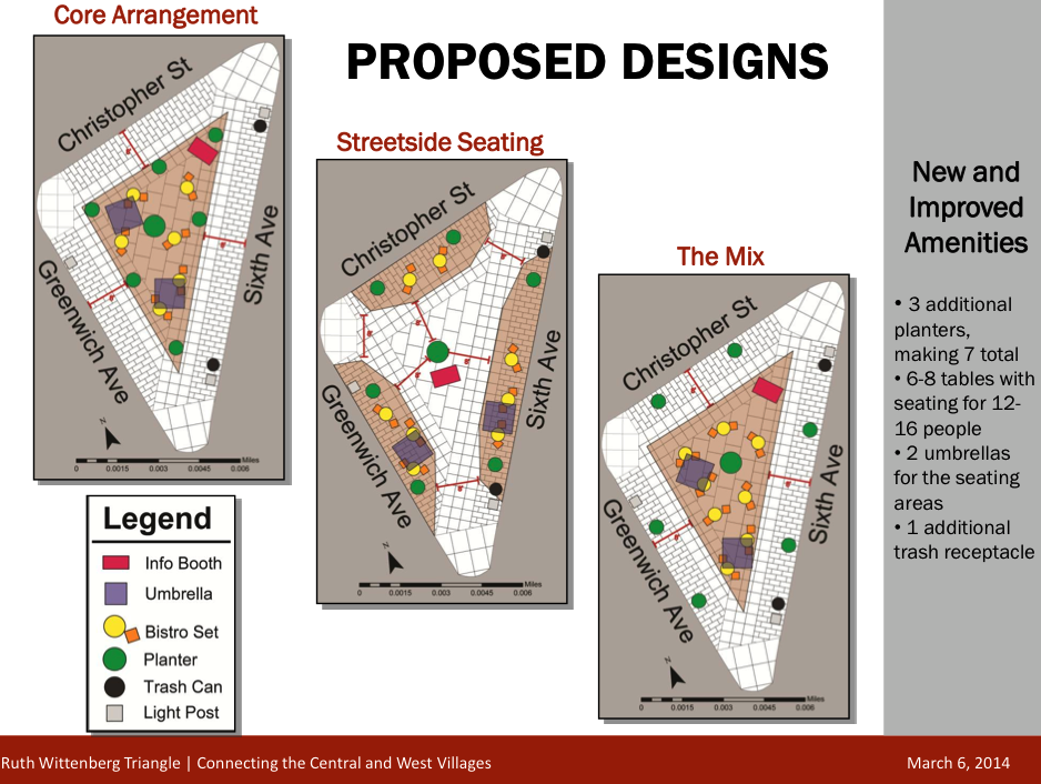 Some ideas for how new seating and tables, a kiosk and planters could be arranged on Ruth Wittenberg Triangle.