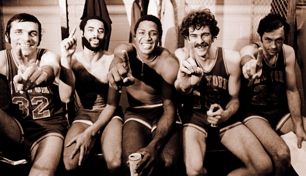© From The Lens of George Kalinsky L to R: Jerry Lucas, Walt Frazier, Willis Reed, Phil Jackson & Bill Bradley, after winning the 1973 NBA Title in five games against the Los Angeles Lakers. From “When the Garden Was Eden.” 