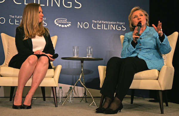 Chelsea Clinton, left, and Hillary Clinton were the featured guests at the Girls Club forum, which was being held as part of the Clinton Foundation's "No Ceilings" initiative for girls across the world.