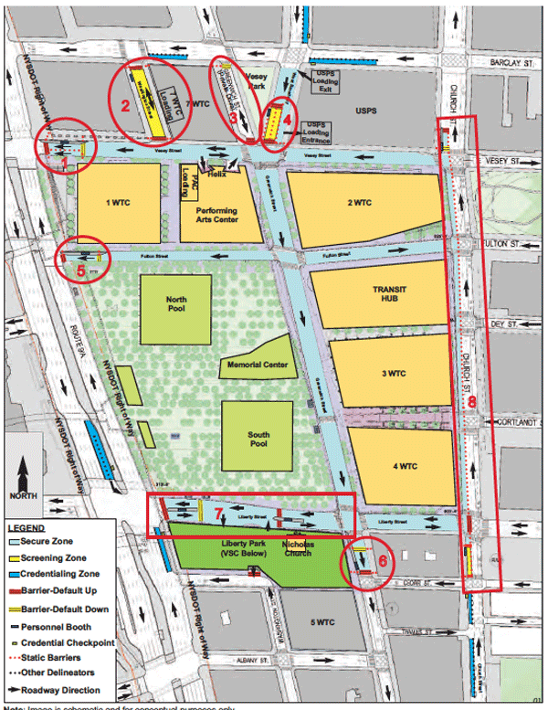 Courtesy of N.Y.P.D. Map of World Trade Center security plan. 