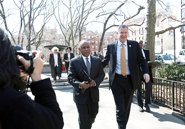 Mayor de Blasio, right, with Mitchell Silver at Seward Park on March 21 at the announcement of Silver’s appointment as Parks Department commissioner.  Photo courtesy NYC Parks Department