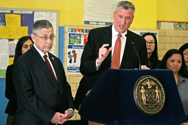 Mayor Bill de Blasio, joined by Assembly Speaker Sheldon Silver, talked about the pre-K push on Thursday at P.S. 1.   Downtown Express Photo by Sam Spokony