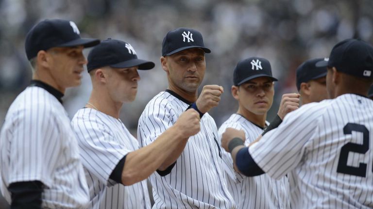 Derek Jeter during the opening ceremonies of the Yankees' home opener against the Baltimore Orioles at Yankee Stadium on April 7, 2014.