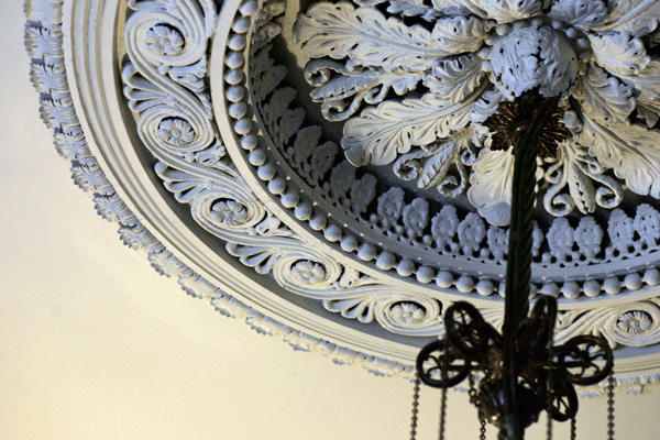 The beautifully ornate plasterwork along the Merchant’s House’s western wall, as well as on its parlor ceiling, pictured here, could be irreparably damaged by the new hotel construction next door, advocates said.  PhotoS by Sam Spokony 