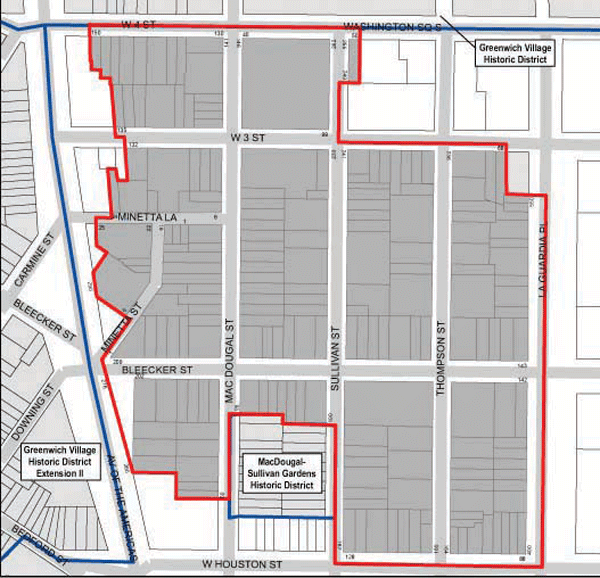 The southern border of the new South Village Historic District reflects the carve-outs of some parks and buildings. Advocates hope to extend the district further downtown. 