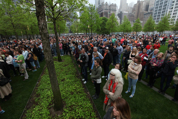 At last, the public gets to visit the 9/11 Museum 5 Members of the public on the memorial plaza, above, view the program on a television monitor during the museum’s dedication ceremony. Below, two tridents from the original World Trade Center loom inside the museum, Mayor Bill de Blasio and his wife Chirlane McCray visit the memorial after the dedication ceremony, and the “Survivors’ Stairs,” which helped hundreds evacuate the W.T.C. to Vesey St. on Sept. 11, 2001. Pool photo by Spencer Platt/Getty Image
