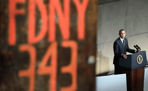 President Obama speaking at the opening ceremony of the 9/11 Memorial Museum. Below left and right, photos of some of the people killed in the attack and bikes found outside the World Trade Center after 9/11.  Pool photo by John Angelillo/UPI 