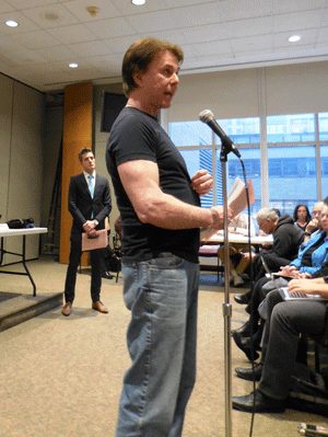Photo by Eileen Stukane John Blair makes his case for Rise Bar, at CB4’s May 7 full board meeting.