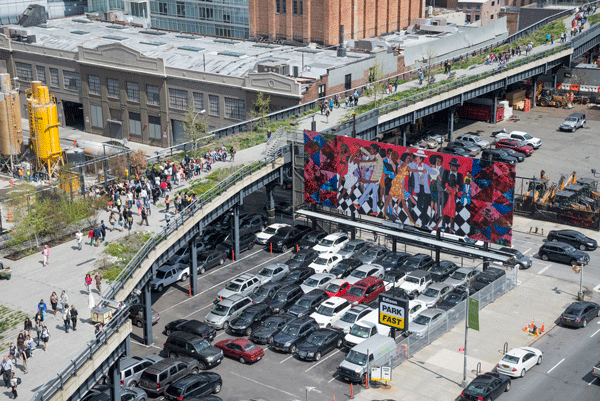 Faith Ringgold’s “Groovin High” (1986) is on view through June 2, at W. 18th St. & 10th Ave. Photo by Timothy Schenck, courtesy of Friends of the High Line.