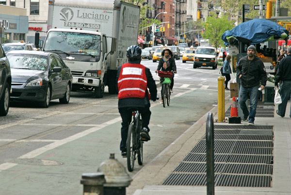 Hoylman’s Bill to Treat Hit-And-Run Cyclists Like Drivers 1 Photo by Sam Spokony A commercial cyclist (foreground, in vest) speeds the wrong way down the Eighth Avenue bike lane, between W. 25th & W. 26th Sts.