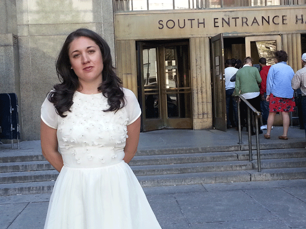 Cecily McMillan on Mon., May 5 — outside court as the jury was deliberating — the day her verdict was announced.