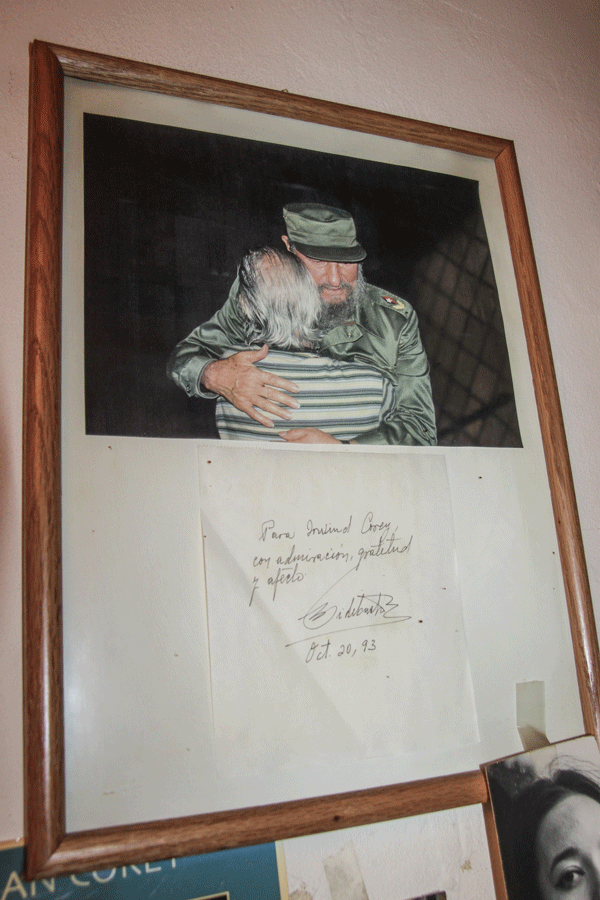 A framed photo of Corey embracing Fidel Castro in 1993. Castro signed the piece of paper that goes with it, “For Irwind [sic] Corey, with admiration, gratitude and affection.”