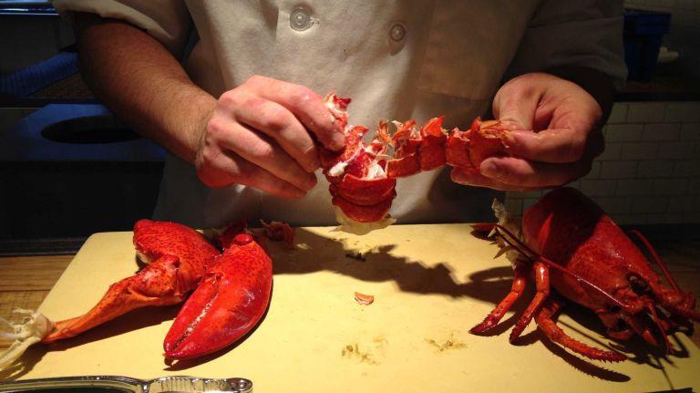 With the shell cracked, you can easily peel the tail meat off from the shell.