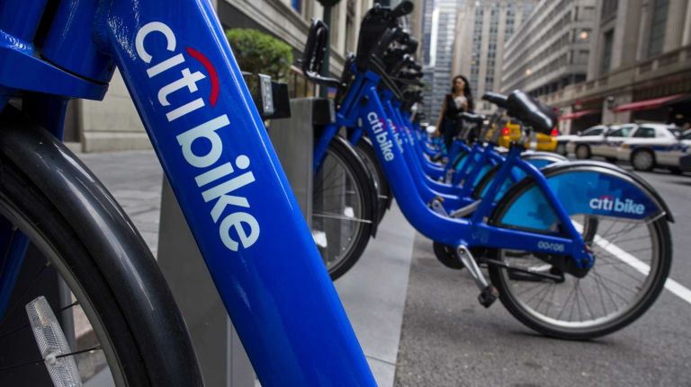 Citi Bikes await riders at a dock on Vanderbilt Ave. near Grand Central Terminal Friday, May 23, 2104. It will soon be the one year anniversary of Citi Bike coming to New York.