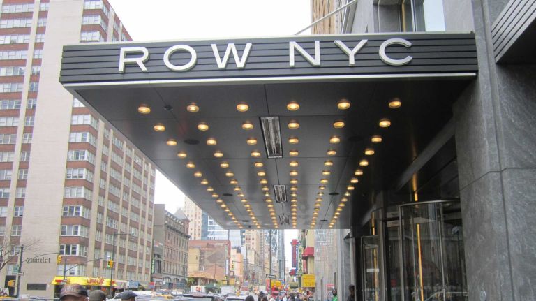The Row hotel in midtown is one of an increasing number of hotels that broadcast music to passersby and pedestrians by via what appear to be speakers embedded into the undersides of  their structural awnings.