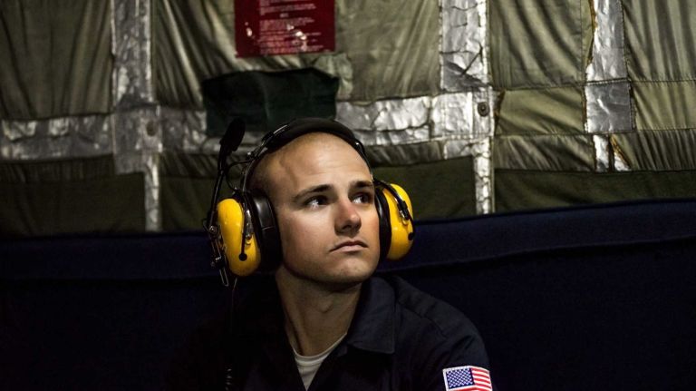 Jones Beach Air Show 2014 23 A Fat Albert airman awaits takeoff at Republic Airport in Farmingdale on Friday, May 23, 2014, the day before the Bethpage Air Show at Jones Beach.