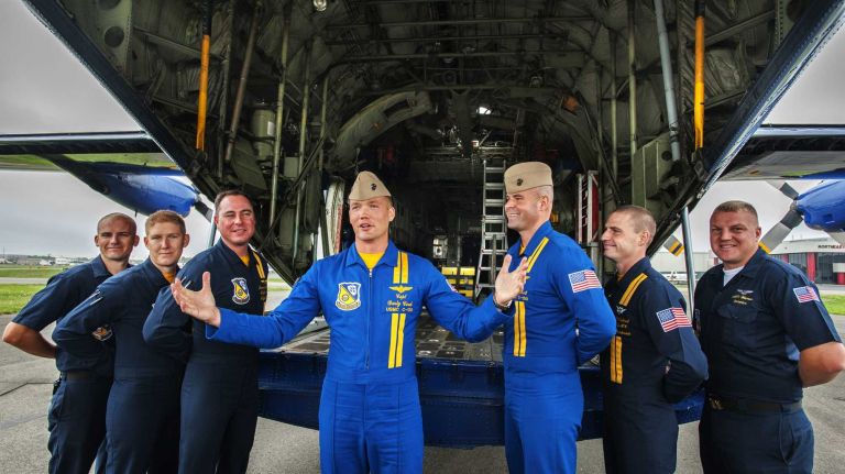 Jones Beach Air Show 2014 26 Capts. Dusty Cook and A.J. Harrell give the crew's briefing just before takeoff at Republic Airport in Farmingdale on Friday, May 23, 2014.