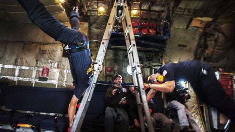 Jones Beach Air Show 2014 27 Fat Albert airmen take advantage of zero gravity just after takeoff allowing them to suspend themselves in midair for a short period.