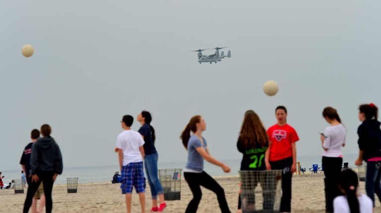 Jones Beach Air Show 2014 32 A Bell Boeing V-22 Osprey flies over Jones Beach on Friday, May 23, 2014, during a rehearsal for this weekend's Bethpage Air Show.