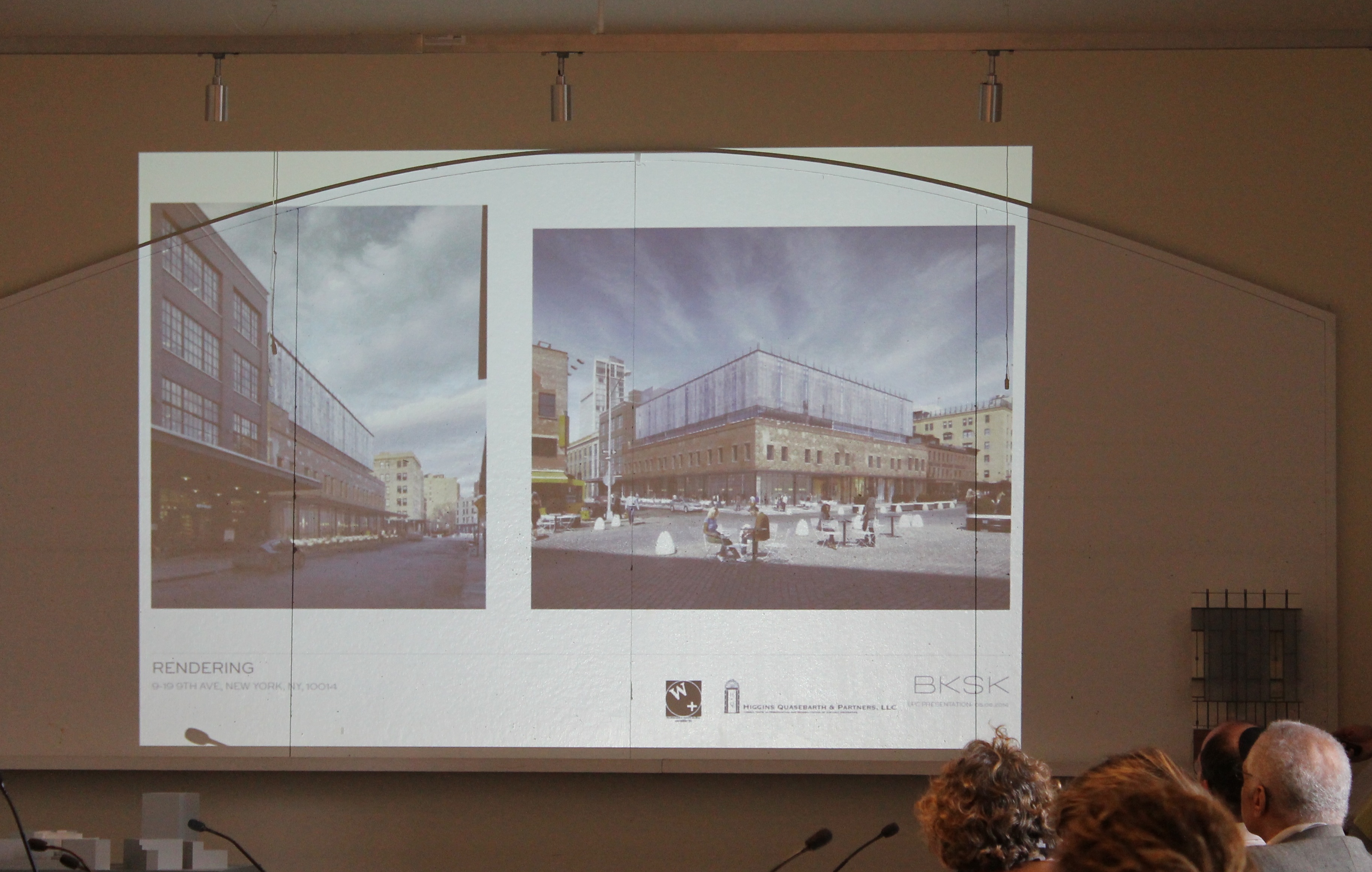 A design rendering shown to the L.P.C. commissioners of the proposed two-story rooftop glass-walled addition for the Pastis building in the Meat Market. Photo by Lincoln Anderson