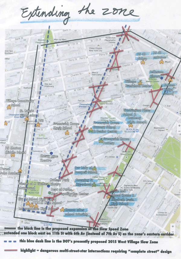 A map handed out by P.S. 41 Principal Kelly Shannon showing the proposed extended West Village slow zone.