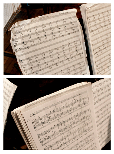 The score’s pages — with composer Feldman’s handwriting — for the six-hour piece, before the musicians started, above, and after they finished, below.  Photos by Bob Krasner