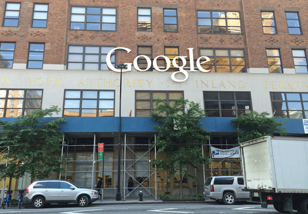 Google Building Post Office Going Nowhere, for Now 1 The Ninth Ave. side of Google's massive Chelsea building, which contains the post office on the ground floor. Scaffolding is in already in place for forthcoming construction, although the start date of that work has not been disclosed. Photo by Sam Spokony.