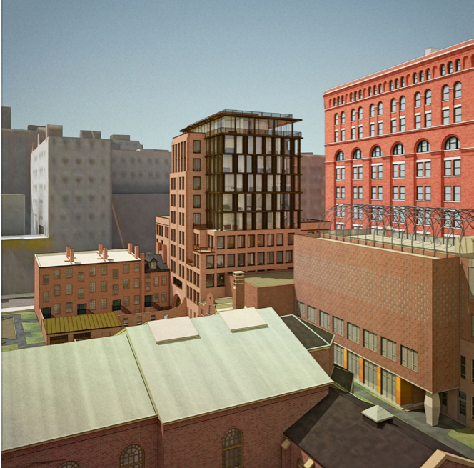 A view of the planned residential tower and school rooftop addition, looking from the north toward the south.