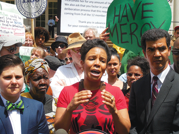 At a City Hall steps rally for leniency for Cecily McMillan on Monday, speakers included, from left, Yetta Kurland and Councilmembers Laurie Cumbo, of Brooklyn (Clinton Hill, Prospect Heights, Eastern Parkway), and Ydanis Rodriguez, of Upper Manhattan.   Photos by Gerard Flynn