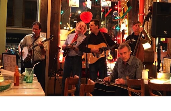 The Crusty Gentlemen,  Jeffrey Friedberg, left, Bob Holmes, Doug Allen, Jonathan Gregg, Roger Moley (on stand up bass) – got their start at Cowgirl Seahorse.