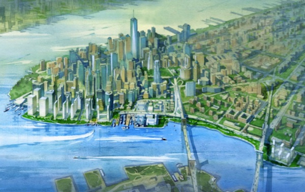 Rendering of one city idea to extend levees in Lower Manhattan 500 feet into the East River and develop buildings on top.