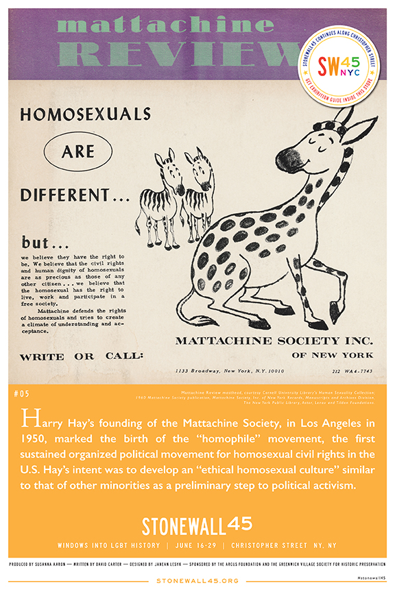 Mattachine Review masthead, courtesy of Cornell University Library’s Human Sexuality Collection; 1960 Mattachine Society  publication, Mattachine Society, Inc. of New York Records, Manuscripts and Archives Division, The New York Public Library, Astor, Lenox and  Tilden Foundations
