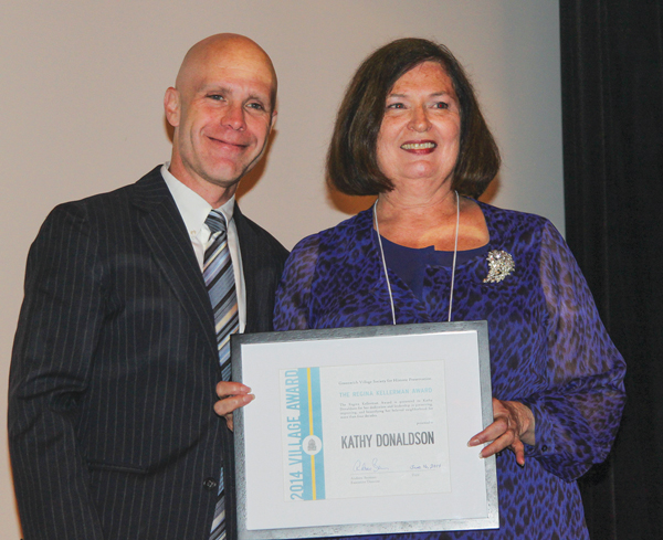 Andrew Berman, director of G.V.S.H.P., left, with neighborhood activist Kathy Donaldson, president of the Bedford-Barrow-Commerce Block Association, who won a Village Award.  Photo by Tequila Minsky