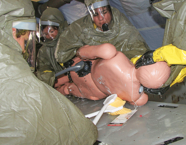 HealthPlex medical staff washed off a contaminated patient during a disaster drill on Friday.