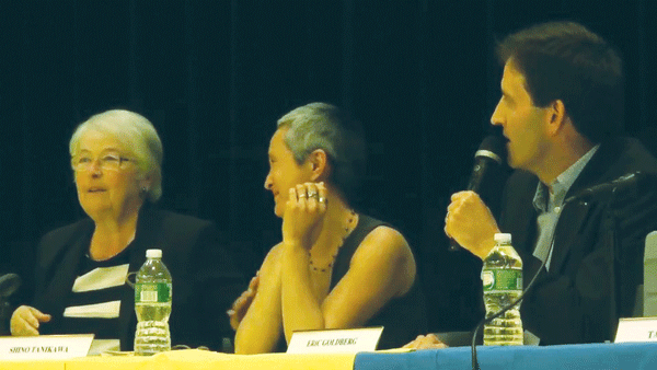 Schools Chancellor Carmen Fariña, left, at a May 19 town hall meeting, told the 75 Morton Task Force, “Yes...you can have a seat at the table.” To the right of her were C.E.C. members President Shino Tanikawa, who is also on the 75 Morton Task Force, and Eric Goldberg.