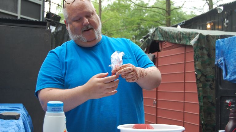 Shakespeare in the Park propmaster Jaay Duckworth makes fake blood. 