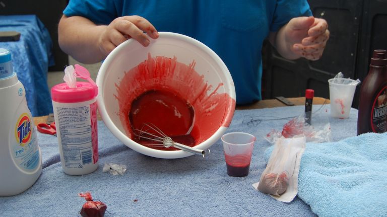 Making the blood backstage at Shakespeare in the Park. 