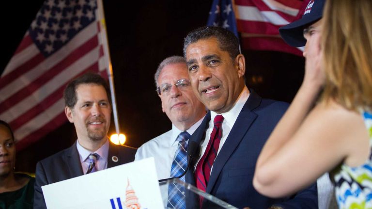 New York State Senator Adriano Espaillat, a contestant for the 13th Congressiontal district in New York, speaking during an election night party on Dyckman Street in Manhattan on Tuesday, June 24, 2014.