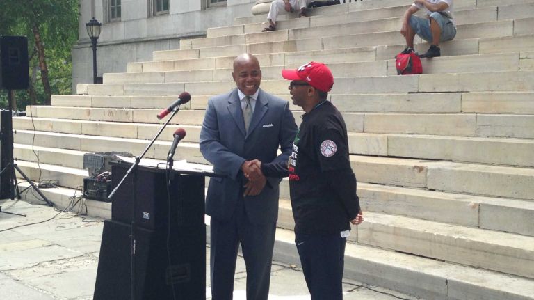 Borough President Eric Adams and Spike Lee announce a block party on the Bed-Stuy street where he filmed 