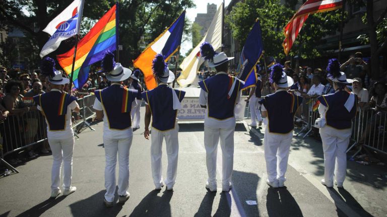 New York City's Lesbian & Gay Big Apple Corps Marching Band performs at the New York City Pride Parade in Manhattan on Sunday, June 29, 2014.
