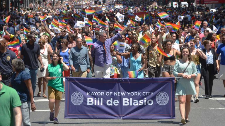New York City Mayor Bill De Blasio leads the New York City Pride Parade on Sunday, June 29, 2014. The parade, from midtown Manhattan to the West Village, included thousands of participants from a variety of backgrounds.