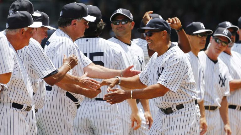 Former Yankee Reggie Jackson #44 is introduced during the 68th annual 2014 Old-Timers' Day pre-game ceremonies at Yankee Stadium on June 22, 2014.