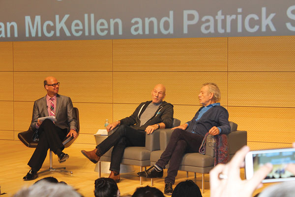 From left, Richard Ridge with Patrick Stewart and Ian McKellen at The New School’s new University Center this week.  Photo by Lincoln Anderson