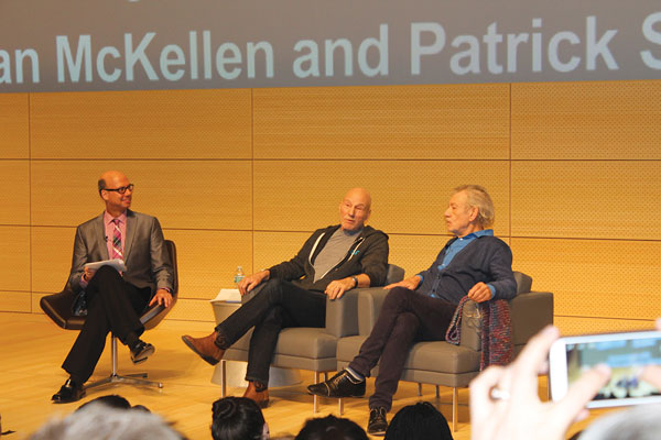 University Center in starring role 1 From left, Richard Ridge with Patrick Stewart and Ian McKellen at The New School’s new University Center this week. Photo by Lincoln Anderson