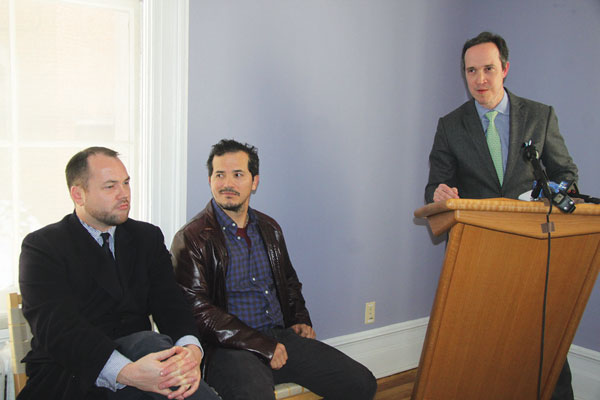 Actor John Leguizamo, center, urged N.Y.U. to end the “ice age” and thaw relations with the community by rethinking its N.Y.U. 2031 expansion plan. Corey Johnson, left, called N.Y.U.’s process “completely disrespectful” of the community. Attorney Jim Walden, right, declared N.Y.U.’s whole plan “legally dead.”  Photo by Tequila Minsky