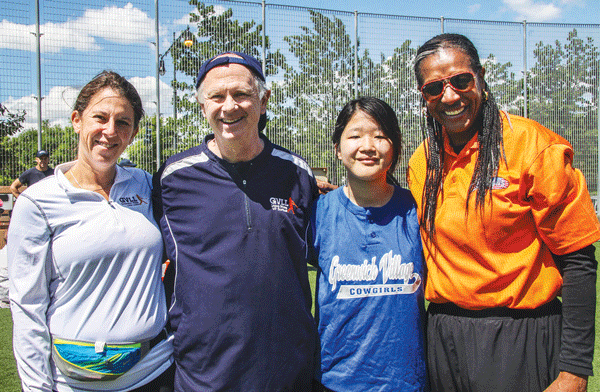 What a lineup! From left, G.V.L.L. President Carin Ehrenberg, softball program head Steve White and his daughter, LiLi, and skills coach Elizabeth Sanchez.