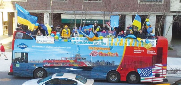 Ukrainian activists, rolling out their message with a double-decker bus, are hoping New Yorkers get onboard their cause.